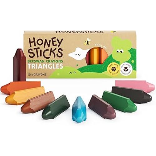 Honeysticks Triangular Crayons (10 Pack) - 100% Pure Beeswax, Food Grade Colors, Non Toxic Crayons for Baby, Toddlers ages 1-3, 2-4, Easy Grip Triangle Shape, Durable, Sustainably Made in New Zealand