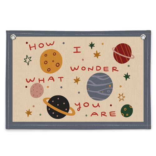Space Nursery Decor Canvas Wall Hanging Banner, How I Wonder What You Are Nursery Sign Outer Space Planet Wall Banner Flag for Kids Toddler Room Bedroom Playroom Decor, 20x30 Inch