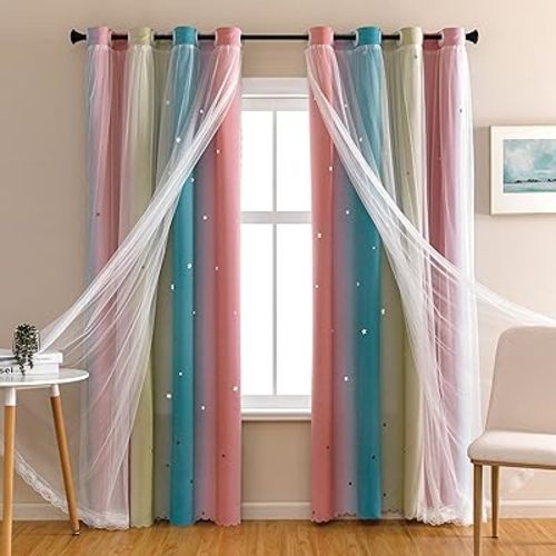 XiDi Dream Star Blackout Curtains for Kids Rooms Girl Princess Curtain for Daughter Bedroom Window (Pink Blue, W52 X L63)