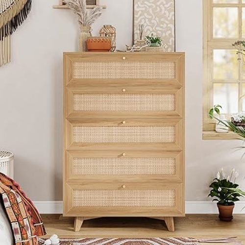 VIAGDO Rattan Dresser for Bedroom, 5 Drawer Dresser with Natural Rattan Drawers, Wooden Tall Cabinet with Gold Handles, Modern Closet Storage Chest of Drawers for Nursery Entryway Living Room