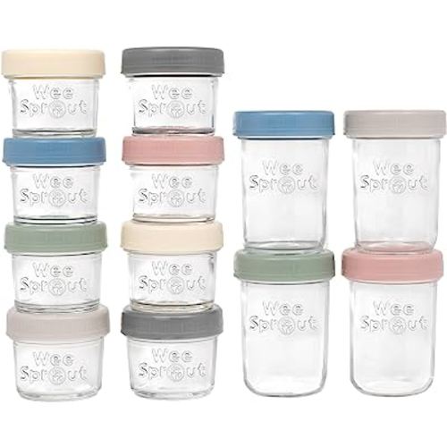 WeeSprout Glass Baby Food Storage Jars w/ Lids (4/8 oz, 12 Pack Set) Snack, Reusable Small Containers, Breast Milk, Fridge, Freezer, Microwave & Dishwasher Safe, Essential Must Have for Infants