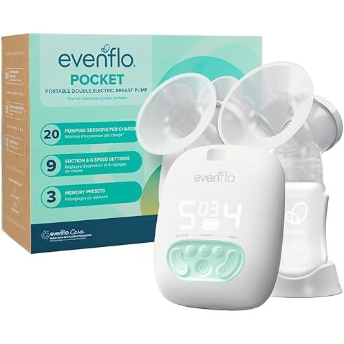 Evenflo Pocket Portable Double Electric Breast Pump, White, 20 Pumping Sessions per Charge, 9 Suction Settings, 3 Memory Presets
