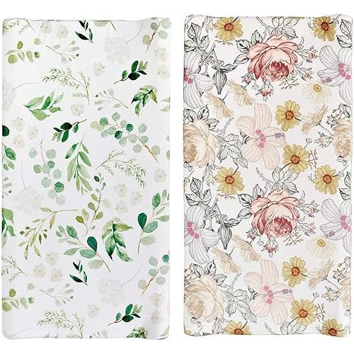 Stretchy Changing Pad Cover – Ultra Soft Diaper Changing Pad Table Sheets for Girls Boys Pure Cotton Safe and Snug Cradle Sheets Machine Washable Fit 32"/34'' x 16"Pad (Green Leaf + Flower)…