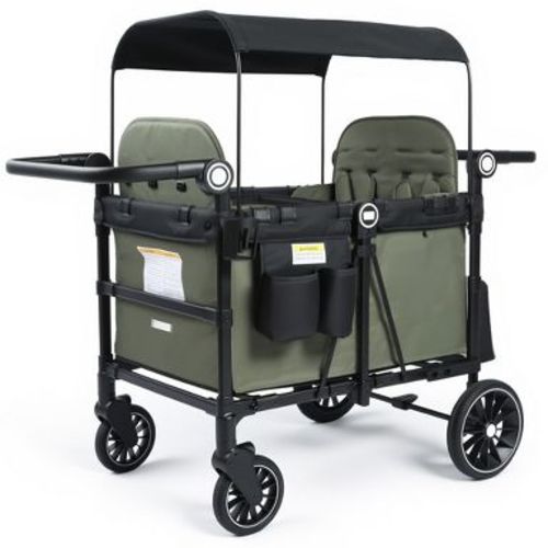 Kinder King All-Terrain Stroller Wagon for 4 Kids with Canopy, Shock-Absorbing Wheels, Snack Tray, Storage Bag & Adjustable Handle, Green