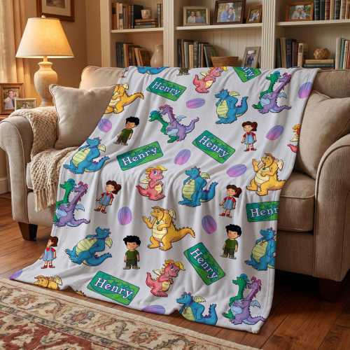 Personalized Dragon Blanket for Kids, Custom Name Cartoon Dragon Throw, Magical Fantasy Fleece Blanket, Toddler Boy Girl Birthday Gift