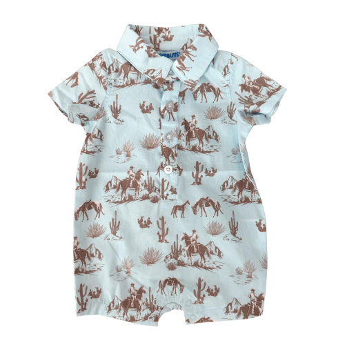 Blue Western Trail Toile Short Sleeve romper – Delta Darlings