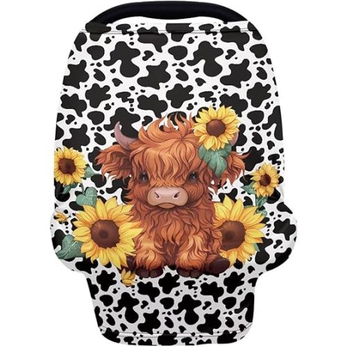 Wanyint Highland Cow Sunflower Cow Print Car Seat Covers for Boys Girls, Nursing Cover Carseat Canopy Baby Breastfeeding Cover Multi-use Nursing Scarf Infant Stroller Cover