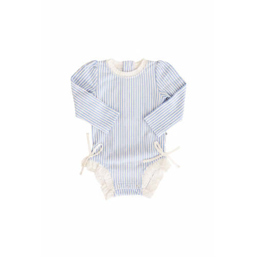 Long Sleeve Rash Guard With Ruffle Bottom in Seersucker Blue | Caden Lane