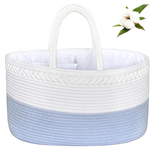 ABenkle X-Large Diaper Caddy Organizer, Cotton Rope Nursery Baby Basket, Changing Table Organizer for Baby Diaper Storage, Diaper Nursery Storage Bin for Baby Stuff, Baby Shower Gifts for Boys, Blue