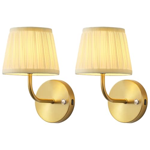 PUSU LED Cordless Gold H9.6 inch Small Wall Sconces Set of 2, Rechargeable 5200mAh Battery Operated Fabric Wall Lamp with Remote, Lighting for Living Room, Bedroom, Hallway, Bathroom, Stairs, Kitchen