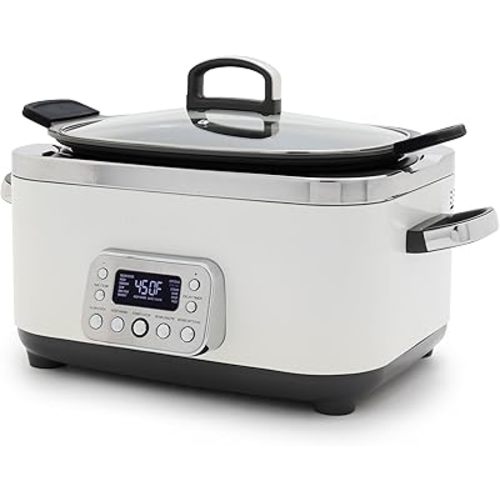 GreenPan Elite 14-in-1 Nonstick 6QT Electric Slow Cooker, PFAS-Free Ceramic Multi-Cooker, In-Pot Browning, Dishwasher Safe Lid & Removable Crock, Stainless Steel Steamer, Silicone Handles, White