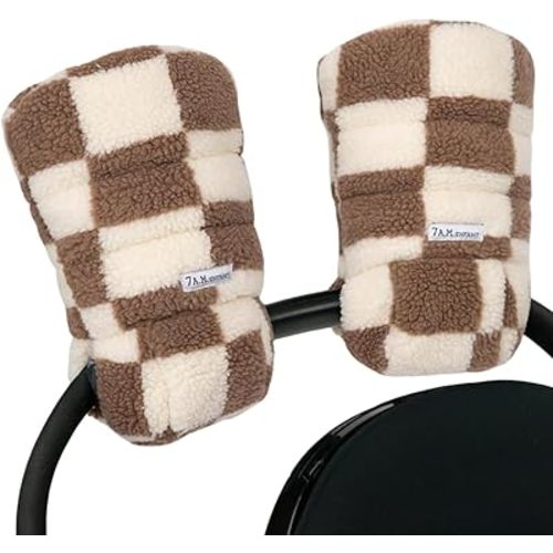 7AM Enfant Stroller Warmmuffs Gloves - Anti-Freeze Stroller Mittens for Handlebars, Water Repellent Hand Warmer Muff for Cold Weather, Plush Lined (Print Checkers Tan)