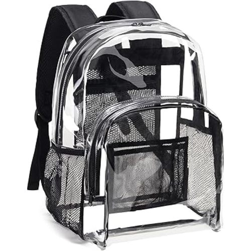 Vorspack Clear Backpack Heavy Duty PVC Transparent Backpack with Reinforced Strap Stitches & Large Capacity for College Workplace Security - Black