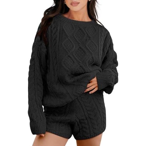 ANRABESS Women 2 Piece Outfits Sweater Lounge Loungewear Sets 2025 Fall Cable Knit Oversized Sweaters Shorts Matching Sets
