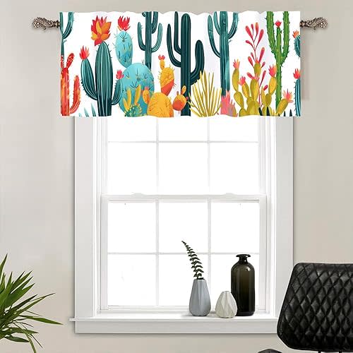 1 Panel Abstract Cactus Garden Curtain Valance for Windows, Fantasy Desert Floral Plant Rod Pocket Short Window Treatment Decor Drapes for Kitchen, Bathroom, 54" X 18"