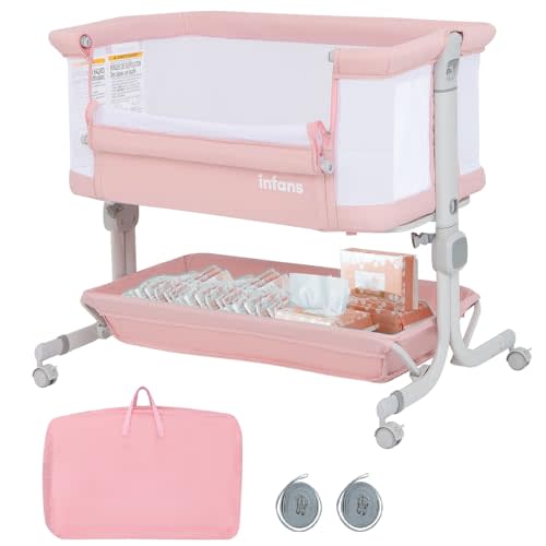 INFANS 3 in 1 Baby Bassinet, Bedside Sleeper with Comfy Mattress, Wheels, 6 Height Adjustable, Storage Basket, Travel Bag, Portable All Mesh Crib for Newborn Infant (Pink)
