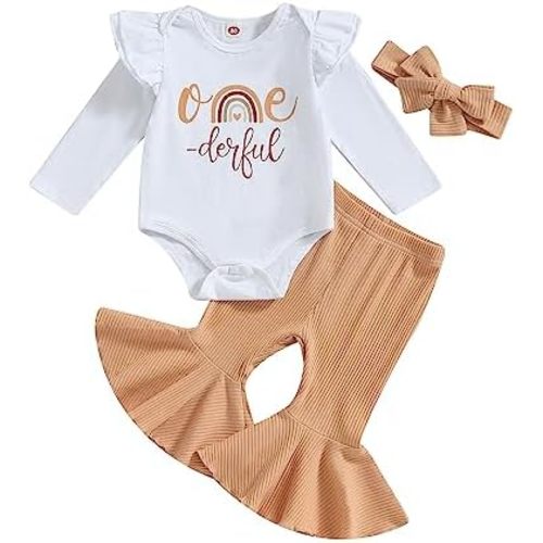 Baby Girl Short Sleeve Romper T-Shirt Tops Bell Bottom Pants Set One Year Old Birthday Outfit 3Pcs Summer Clothes