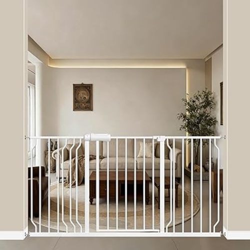 WAOWAO Baby Gate 57.48-62.17" Extra Wide Pressure Mounted Walk Through Swing Auto Close Safety White Metal Toddler Kids Child Dog Pet Puppy for Stairs,Doorways,Kitchen