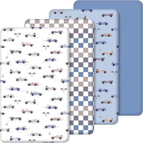 SmoothNovelty 4 Pack Race Car Crib Fitted Sheet for Boys Girls - 52" x 28" Fitted Baby Sheet with Cars and Gingham Style for Standard Mattress Gift Set, Microfiber & Soft Breathable (Blue)