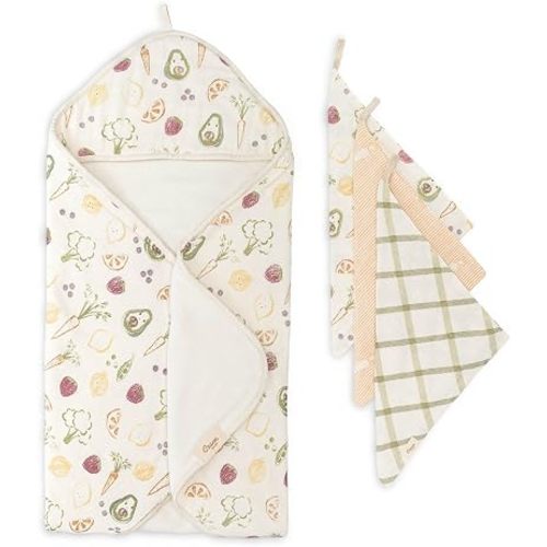 Crane Baby Hooded Towel & Washcloth Set, Fruits & Veggie Hooded Baby Towels and Washcloths Set, Baby Bath Essentials, Includes 3 Cotton Washcloths for Newborn, Muslin Towel for Babies, Newborn Towels