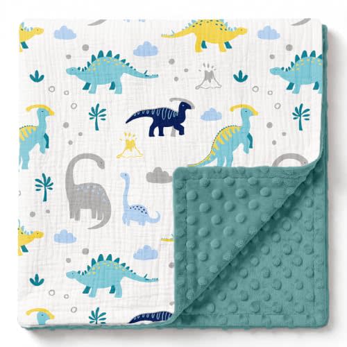 GLLQUEN BABY Muslin Baby Blankets for Boys, 2-Layer Toddler Blanket | Cotton Top with Dotted Fleece Back, Soft Receiving Blanket for Nursery Stroller Crib, 30''x40'', Dinosaur