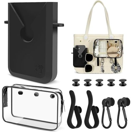 6PCS Compatible with Original Medium and Large Bogg Bag,Phone Holder for Inside and Outside of Bogg Bag Accessories,PVC Insert Bags,Hooks,and Keychain(Black)