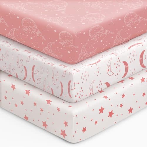 Baby Crib Sheets for Boys Girls, 28x52x8in Fitted Crib Sheet Neutral 3 Pack for Standard Crib and Toddler Mattress, Breathable Soft Microfiber Baby Sheet Pink White Moon