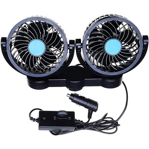 ZONETECH Car Cooling Air Fan 12V- Dual Head Car Auto Electric Cooling Air Fan for Rear Seat (Black 1 pack)