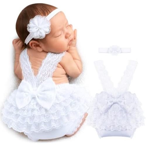 ForBaysy Newborn Photography Props Newborn Lace Romper Set with Matching Headband – Infant Baby Girl Outfit for Photoshoot