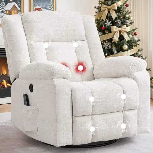 Rocker Recliner, Glider Recliner Chairs for Adults, 360° Swivel Rocking Chair with Massage and Heating, Nursery Chair with Storage and USB Charging for Living Room, Bedroom, Nursery