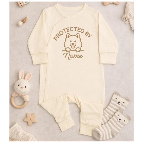Protected by Dog Name Embroidered Baby , Personalized Pet Name Bodysuit, Custom Samoyed Puppy Newborn Baby and Dog Announcement Outfit