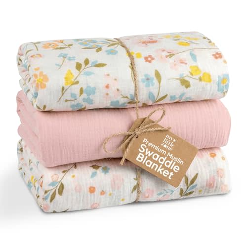 Muslin Swaddle Blankets Baby Blanket Set, 3 Pack 47"x47" Breathable Swaddles for Newborns, Soft Baby Swaddle Blanket for Girls, Muslin Blankets and Swaddles for Babies, Nursery Gift Set Pink Floral