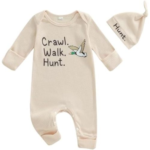 SAYOO Infant Baby Boy Girl Mallard Duck Romper Jumpsuit Green Duck Embroidery One Piece Waffle Overalls Hunting Baby Clothes