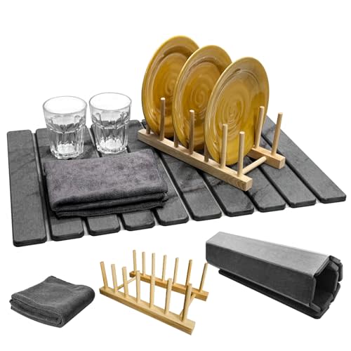 Large Stone Dish Drying Mat for Kitchen Counter, Collapsible Marbled Quick-Dry Diatomaceous Earth Mat with Dish Rack and Towel, Versatile Drying Mats for Kitchen Utensils (Dark Gray 23.6"×15.4")