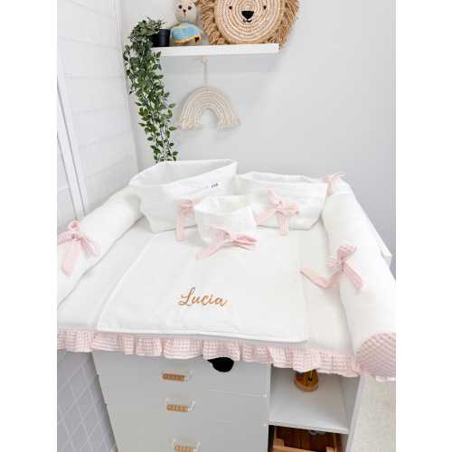 Cambiador niña blanco rosa, almohada larga y cestas utensilios, habitación infantil bebé, cambiador, cubrecolchón para cambiador