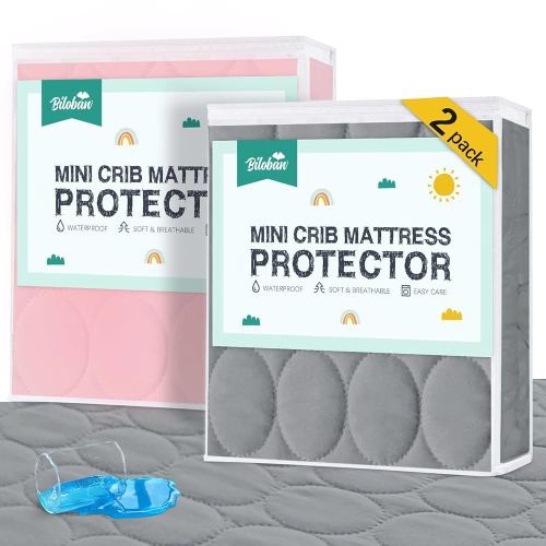 Mini Crib Mattress Protector Sheets Waterproof 2 Pack, Quilted Pack and Play Mattress Pad Cover Fits for Baby Mini Crib/Playen/Pack and Play Mattress, Grey & Pink, 38"x24"