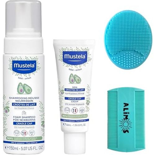 Mustela Cradle Cap Foam Shampoo For Newborns 150ml & Cradle Cap Cream 40 ml Bundled With Alimos Baby Bath Silicone Brush & Fine Tooth Comb