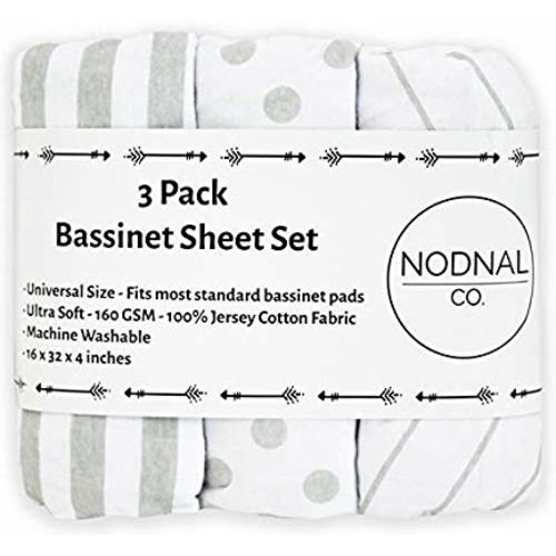 NODNAL CO. Bassinet Fitted Sheet Set 3 Pack 100% Jersey Gray Cotton for Baby Girl/Boy - Grey Chevron, Polka Dot and Stripe 160 GSM Sheets