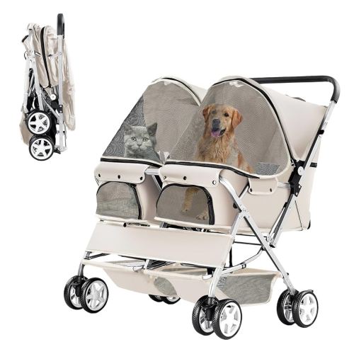 Double Pet Stroller, Foldable Stroller for 2 Dogs & Cats, Two-Seater Carrier Twin Dog Walk Jogger Travel Pet Carriage Cart with Storage, Gray
