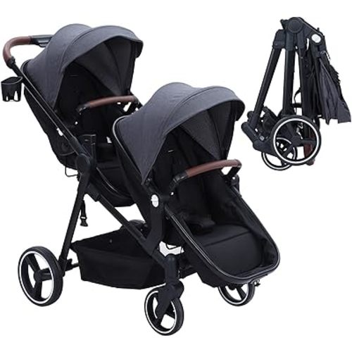 Tandem Double Stroller Newborn and Toddler, Foldable Twin Stroller with Reversible Seat, 5-Point Safety Harness, Adjustable Backrest & Canopy, Storage Basket, Dark Grey