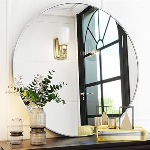 VooBang Silver Round Bathroom Mirror, 30 inch Circle Wall Mounted Hanging Mirror with Simple Modern Circular Metal Frame for Hallway, Entryway, Living Room, Silver Frame