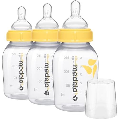Medela Slow Flow Feeding & Storage Bottles, 3 Pack of 5 Ounce Bottle with Nipple, Lids, Wide Base Collars, and Travel Caps, Made Without BPA