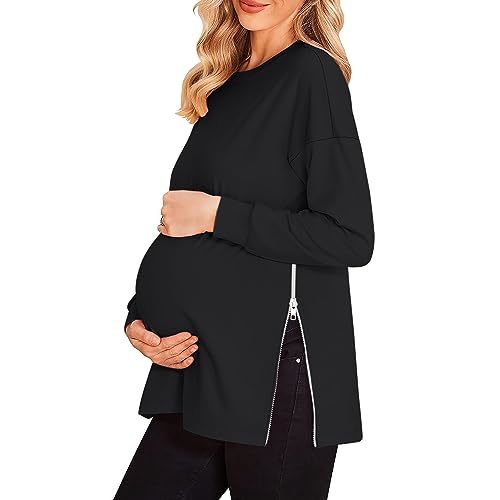 Women's Maternity Shirts Long Sleeve Sweatshirt Zipper Split Side Pregnancy Casual Tunic Top