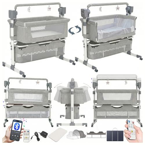 Electric Bluetooth Smart Baby Bedside Crib, Infant Bedside Sleeper Cot, Bassinet for Co-Sleeping, Convertible Foldable Baby Crib with Remote Control, Music, 5 Swaying Gears (601 Light Gray)