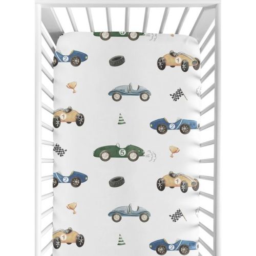 Sweet Jojo Designs Boy Baby Fitted Crib Sheet Race Car Cartoon Cars Blue, Green & Yellow
