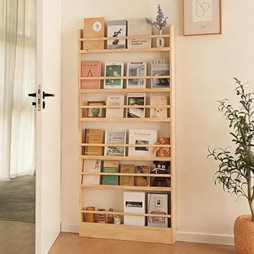 Kids Bookshelf, 6 Tier Shelves Behind The Door Book Shelf Storage, Children's Solid Wood Bookcase Space- Saving, Wall Mount Bookshelf for Bedroom, Living Room, Office and Nursery（Natural Wood）