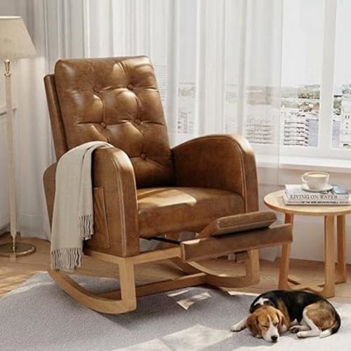 Modern Rocking Chair for Living Room, Comfortable Recliner Rocker with Side Pocket, Soft Linen Upholstered Glider Chair for Bedroom, Nursery, Lounge-Orange