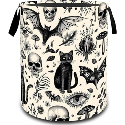 Gothic Black Cat Skull Bat Laundry Basket, Dirty Collapsible Clothes Toy Organizer Hamper for Kids Adults, Oxford Cloth Waterproof Storage Bin for Bathroom Halloween Decor Gifts, 19.7"X15.7"
