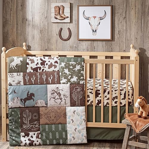 Peryiter 3 Pcs Western Cowboy Crib Sheet Set Baby Crib Bedding Set Includes 52"x28" Fitted Sheet, Quilt, Bed Skirt for Newborn Boy Girl Cute Nursery Newborn Sheets Decor