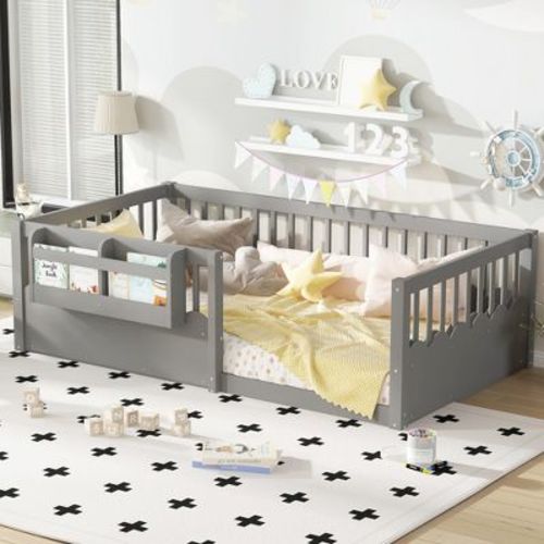 Twin Montessori Wood Floor Bed Frame with Heightened Fence & Bookshelf, Low-Profile Kids' Bed, Gray - ModernLuxe
